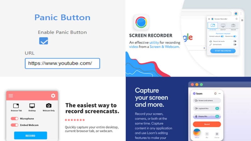 Doplňky Google Chrome Panic Button, Screen Recorder, Loom, Screencastify