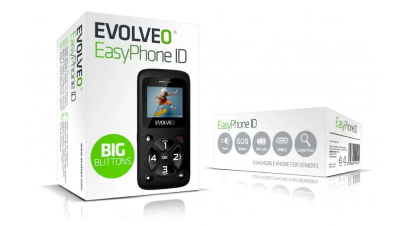 levný telefon pro seniory pro děti EVOLVEO EasyPHONE ID, tlačítka, SOS, svítilna, FM rádio, specifikace, cena